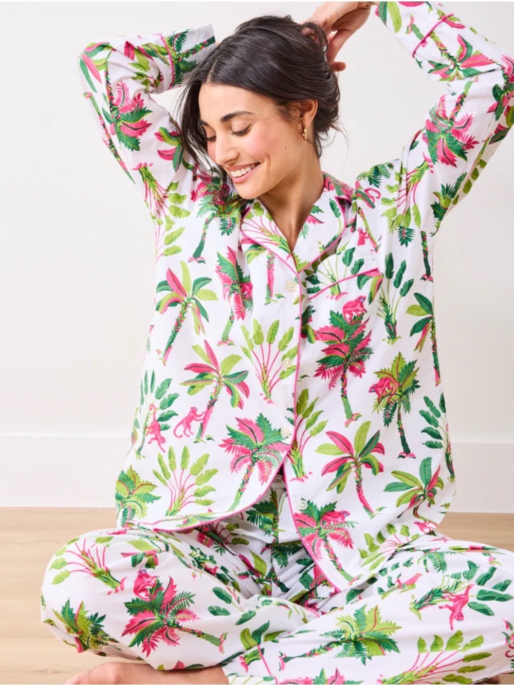 Printfresh White Tropical Palm Pajama Set in Pink & Green